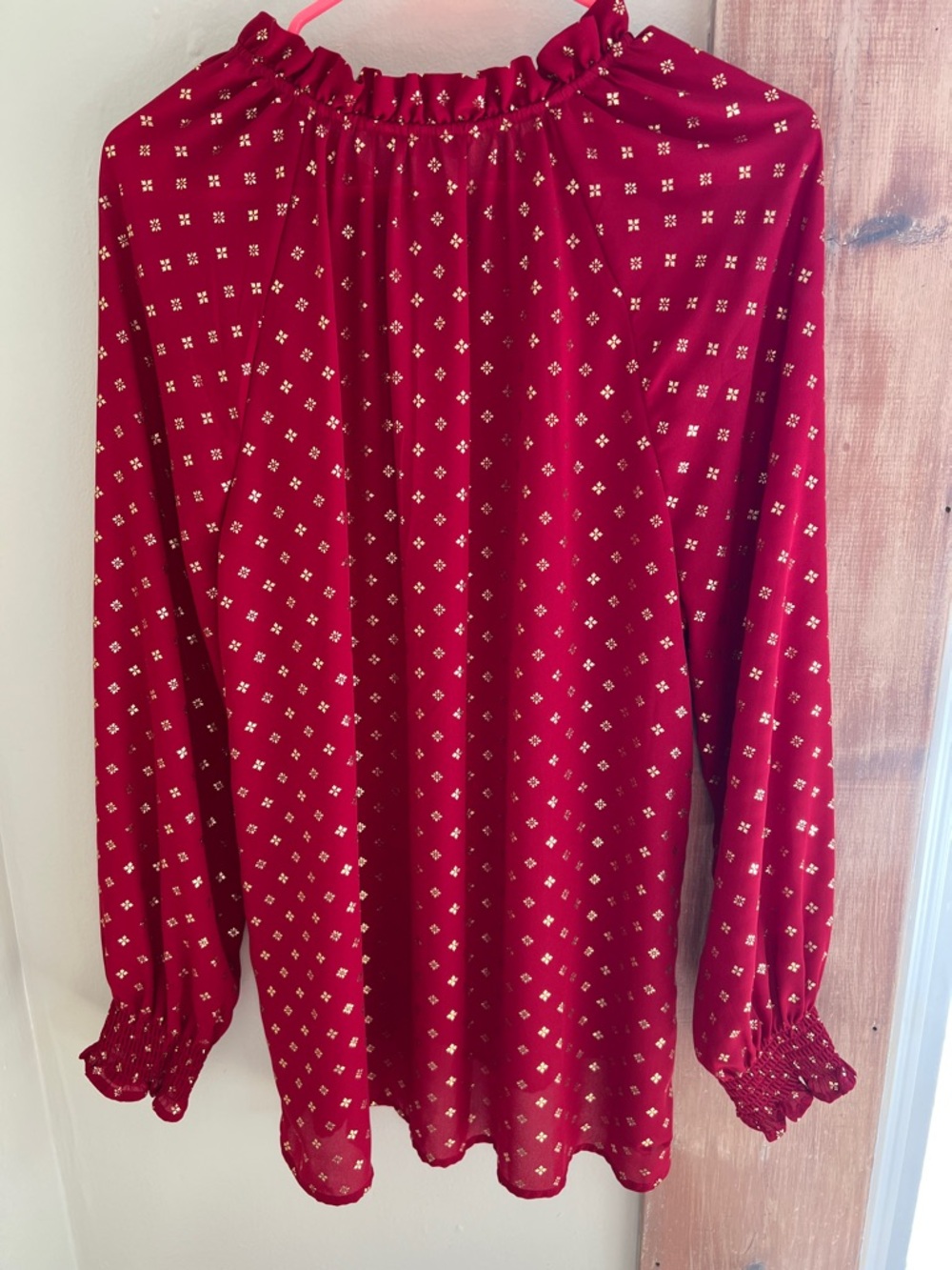 Time and Tru Red Tie-Neck Long-Sleeve Blouse with Gold Dot Print - Picture 13 of 13